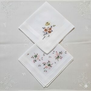 Vintage 12x12" Hand Embroidered Floral Handkerchiefs Linen Cherry Blossom Rose